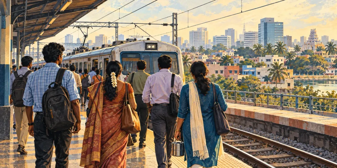 Editorial illustration of workers on an Indian suburban railway platform, with homes and office buildings beyond.
