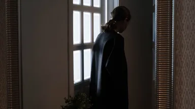 A person seen as a dark reflection in a wall mirror beside a window
