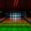 A dimly lit bowling alley with lanes receding into the dark