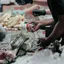 Gloved hands sorting donated food into bags at a distribution point