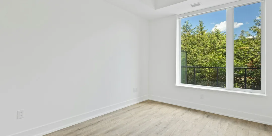 An empty white room with bare floorboards and a large window