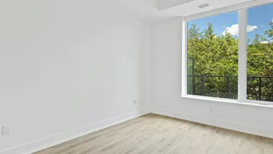 An empty white room with bare floorboards and a large window