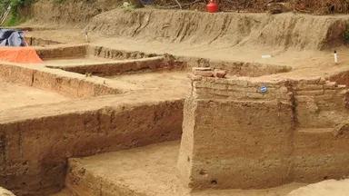 Excavated brick structures and trenches at the Keezhadi archaeological site in Tamil Nadu