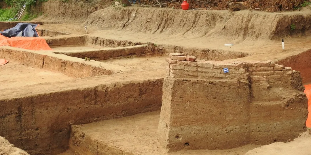 Excavated brick structures and trenches at the Keezhadi archaeological site in Tamil Nadu