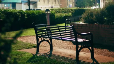 Two empty park benches in low evening light