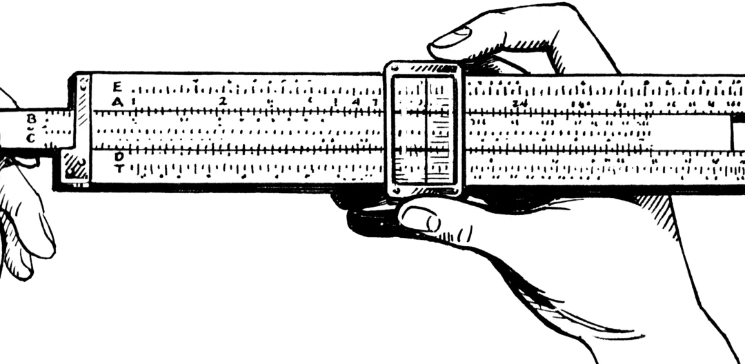 An illustrated slide rule with logarithmic scales