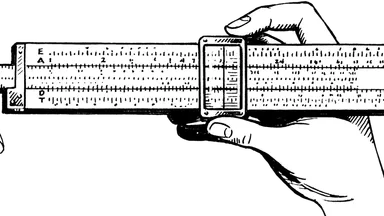 An illustrated slide rule with logarithmic scales