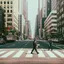 A pedestrian crossing a wide city street at a marked crosswalk, with traffic signals overhead