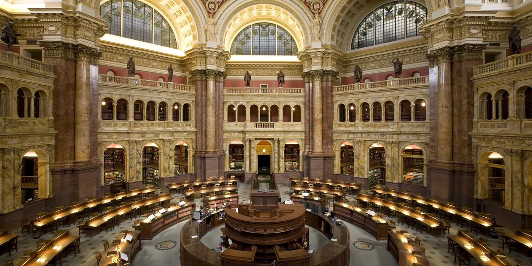 The domed main reading room of the Library of Congress, ringed with desks
