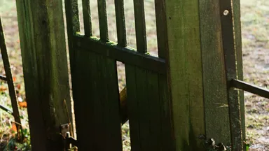 An old wooden gate set into a weathered metal fence in the countryside