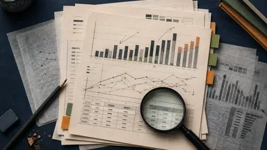 An editorial illustration of layered economic ledgers, revised chart lines, and a magnifying glass
