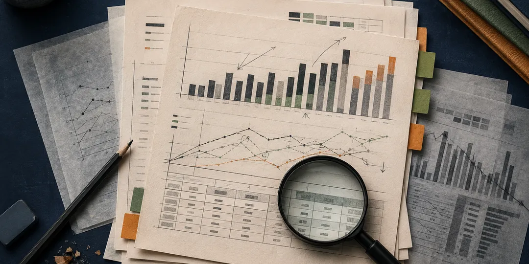An editorial illustration of layered economic ledgers, revised chart lines, and a magnifying glass